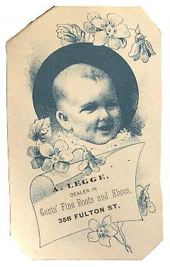 Tradecard. A. Legge. Gents' Fine Boots & Shoes. 358 Fulton Street. Brooklyn, NY. Recto.