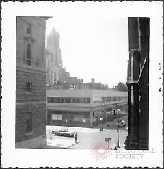 [View from window of Long Island Historical Society looking south towards Montague Street. ]
