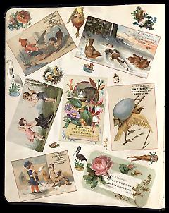 Full view of scrapbook page. Includes 6 tradecards for Brooklyn business: F. Edwards Fine Shoes.