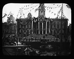 Views: U.S. Columbian Celebration: Oct. 1892. View 013: City Hall court house decorated for Columbian Celebration, 1893.